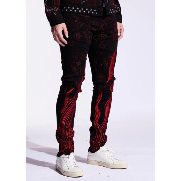 Embellish NYC Men's Eulogy Black/Red Embroidered Skinny Fit Stretch Denim Jeans - Picture 2 of 4